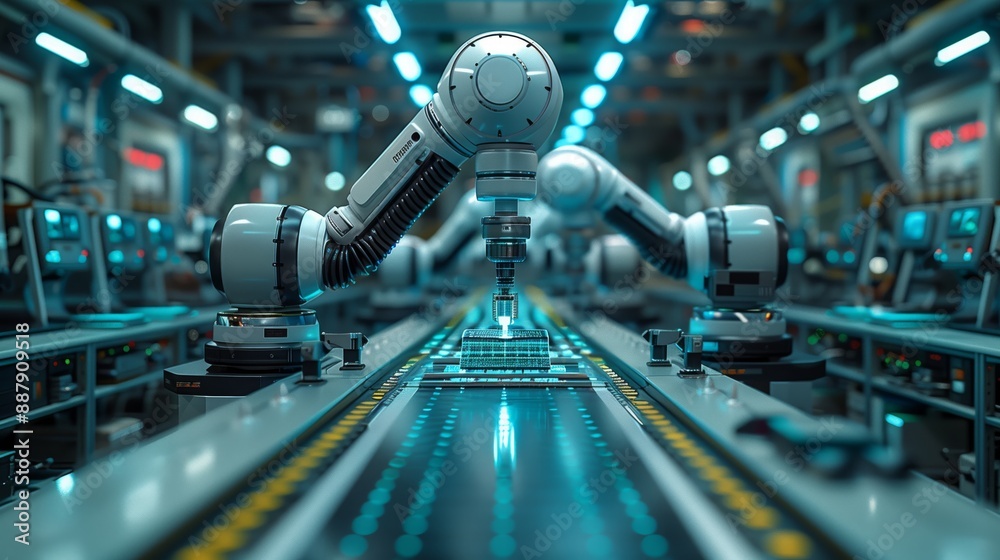 Poster multiple robotic arms are working on a conveyor belt in a high-tech lab, showcasing automated assemb
