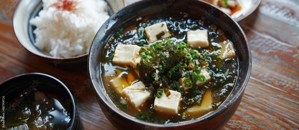Aufkleber Traditional Japanese soup made with soybean paste tofu and seaweed often served hot with a bowl of rice. with copy space image. Place for adding text or design