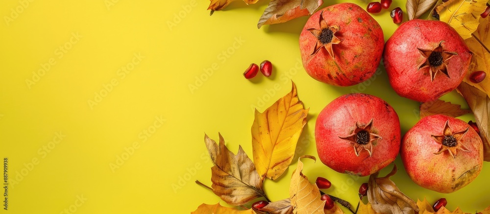 Aufkleber autumn themed border arrangement with pomegranates dry leaves on a yellow green backdrop creative fl
