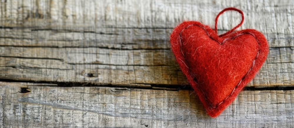 Poster Handmade red heart crafted from felt resting on a wooden table creating a charming blank for greeting cards with ample copy space image