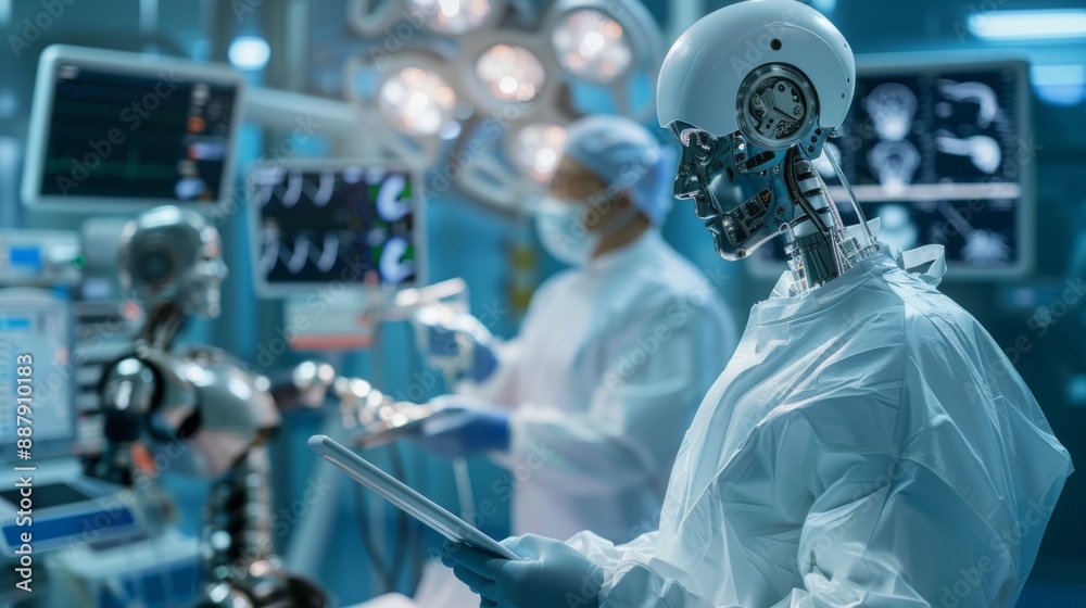 Poster a robot doctor is standing in front of a monitor with a tablet in his hand