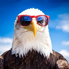 Portrait of a bald eagle wearing a American stars and stripes patriotic sunglasses 4th july holiday