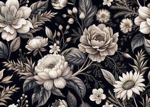 Elegant black and white floral pattern blooms on a mysterious dark background, showcasing intricate details and subtle texture in a striking, high-contrast design.