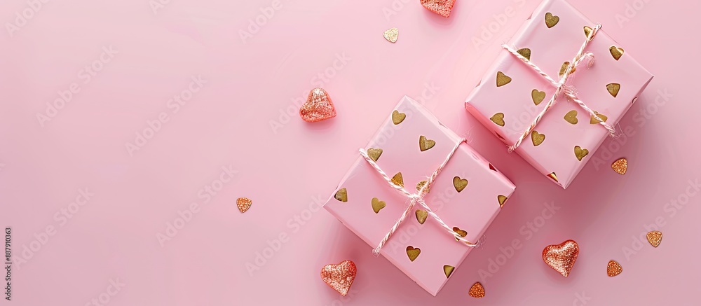 Poster top view of two pink gift boxes with gold heart prints on a pink background creating a valentine s d