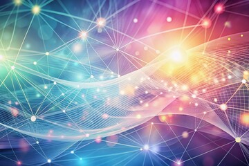 Fototapeta premium Abstract pastel background featuring a woven pattern of delicate lines and swirling dots, evoking a sense of futuristic cyberspace, data transfer, and virtual connections.