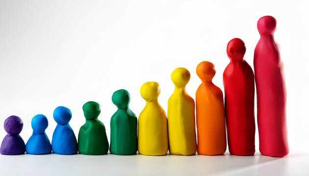 Bar chart phonographic gay rights concept: rainbow colored Plasticine figures organized in growing order