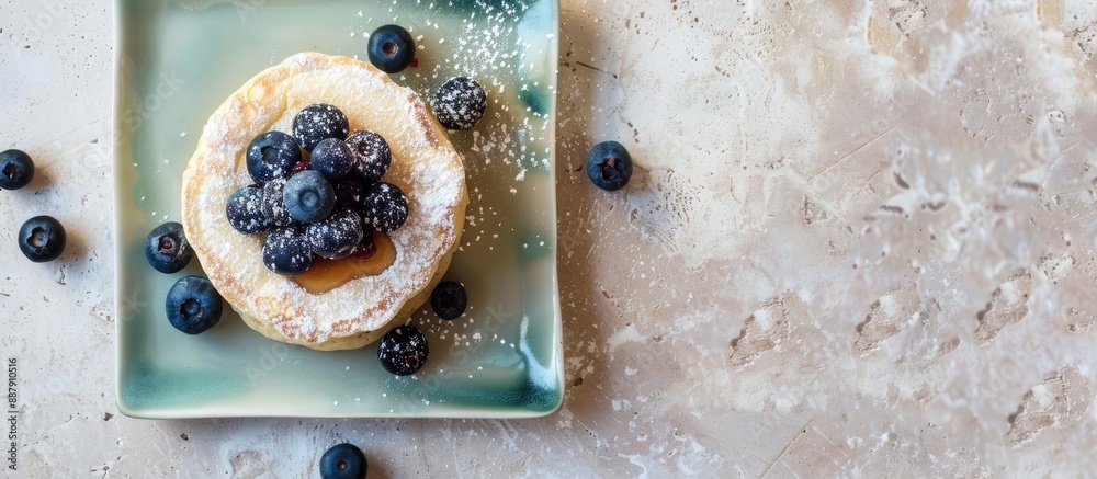 Poster blueberries and icing sugar top japanese style pancakes on a square green plate with a heart shaped 