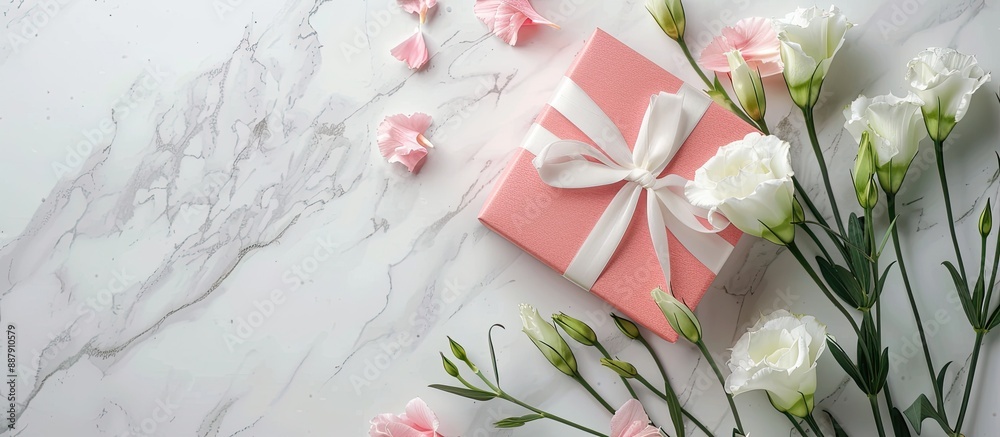 Aufkleber top view of white eustoma flowers and a pink gift box on a background for a holidays greeting card c