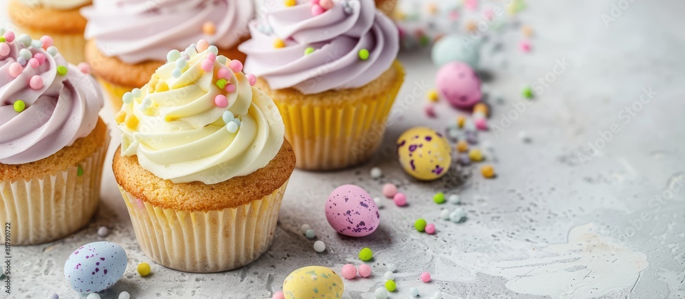 Poster Easter themed cupcakes featured with selective focus on a horizontal white backdrop allowing space for additional image elements