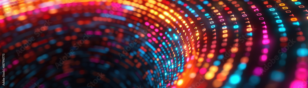 Poster vibrant led lights forming a dynamic, colorful tunnel with binary code patterns, representing digita
