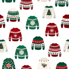Vector set of ugly Christmas sweaters in red and green colors. Sprig of mistletoe, snowflake, Christmas tree, seamless patterns.
