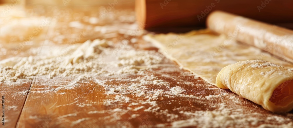Aufkleber a sheet of homemade puff pastry dough being rolled out on a floured table with copy space image avai