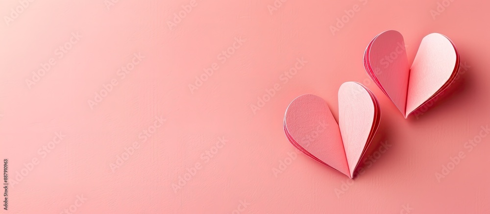 Poster a high quality photo of two paper hearts on a pastel pink background symbolizing a love relationship