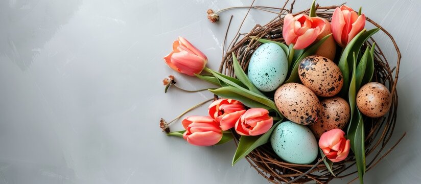 Spring tulips and Easter eggs nestling in a nest with a blank area for customizable text or images a perfect image for a spring greeting card. with copy space image. Place for adding text or design