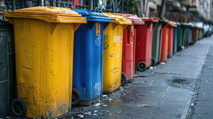 A row of colorful trash bins lined up on an urban street, showing city waste management and recycling efforts.