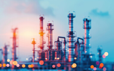 Obraz premium Industrial plant with numerous pipes and chimneys, silhouetted against a colorful sky at sunset, highlighting the energy sector workspace.