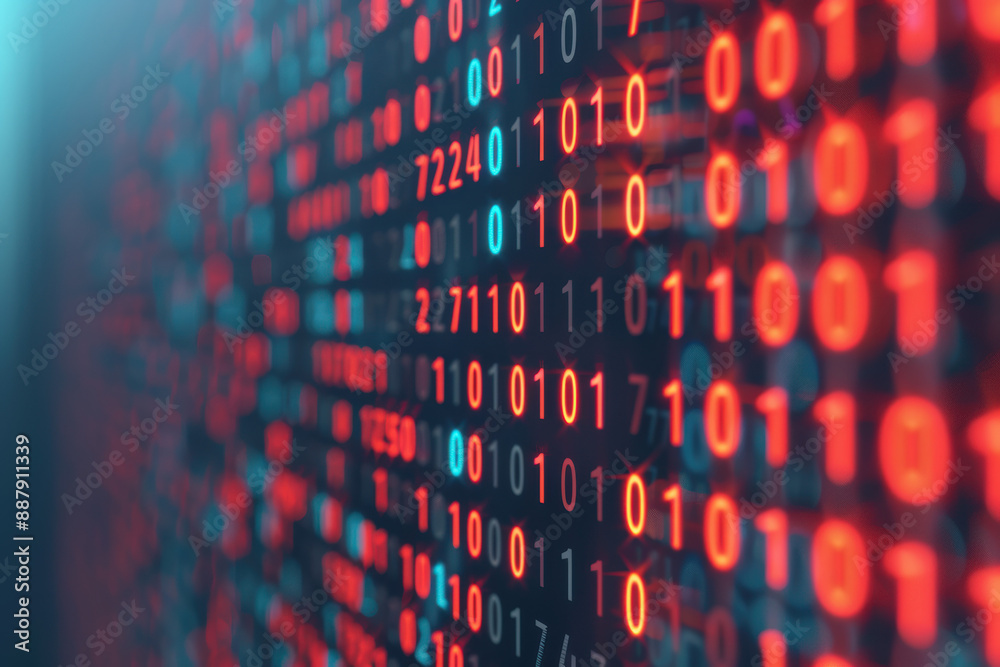 Poster close-up of a digital screen with blue and red binary code. technology, data analysis, cybersecurity