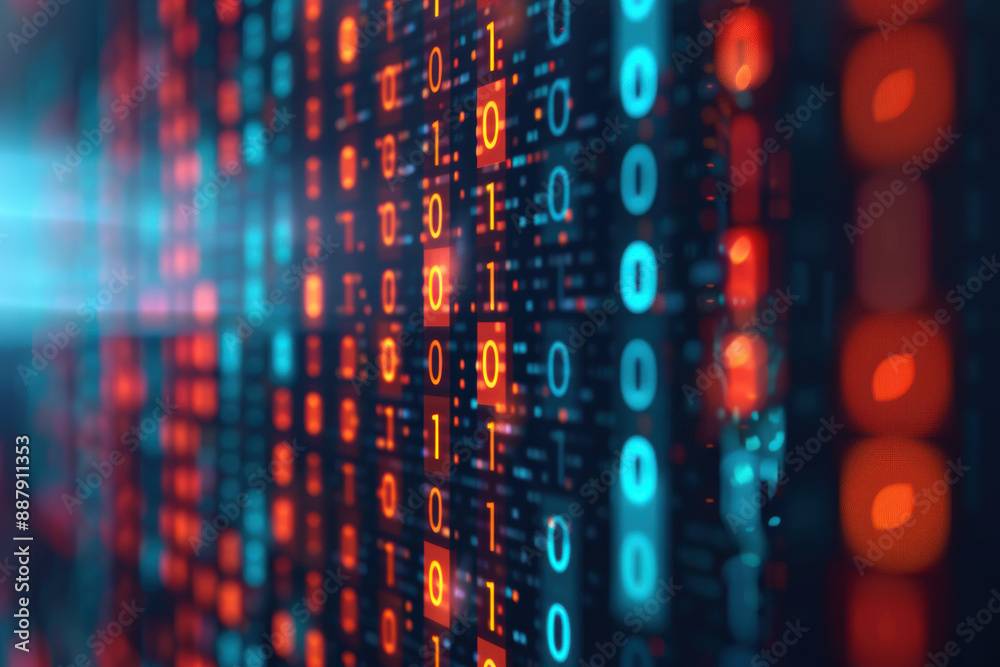 Aufkleber close-up of colorful binary code on a digital screen, symbolizing data processing, technology, progr
