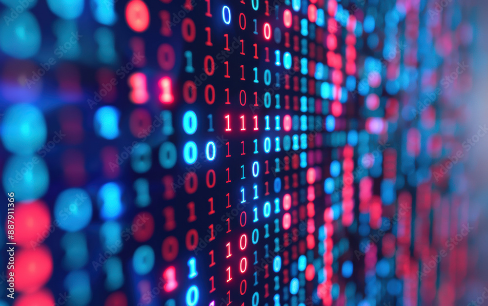 Poster abstract digital binary code background with blue and red glowing numbers representing data, technol