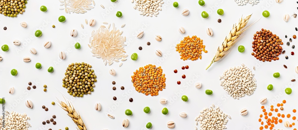 Fototapete a pattern featuring buckwheat wheat peas and rice arranged on a white background suitable for a copy