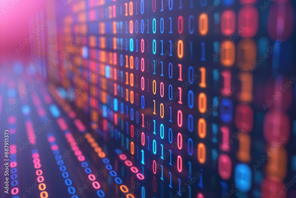 Poster colorful binary code data on digital screen highlights the concept of technology, coding, and inform