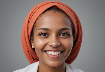 Portrait view of a regular happy smiling Comoros woman, ultra realistic, candid, social media, avatar image, plain solid background