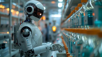 Fototapeta premium A white robotic system with advanced AI capabilities performs precision tasks in a modern lab setting, showcasing the potential of robotics in various industries.