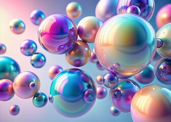 Vibrant iridescent pastel 3D spheres in various sizes float against a seamless white background, radiating a mesmerizing, futuristic, and dreamy atmosphere.