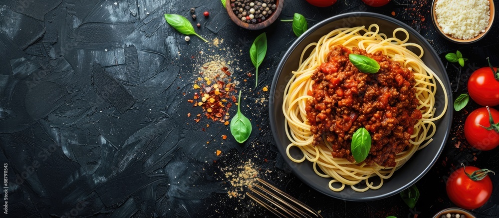 Poster savory minced beef and tomato sauce spaghetti bolognaise bolognese displayed on an office table for 