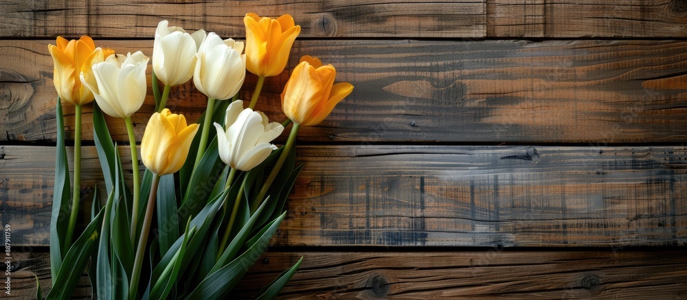 Aufkleber A rustic wood background with a bouquet of closed yellow and white tulips displayed providing space for adding text or images. with copy space image. Place for adding text or design