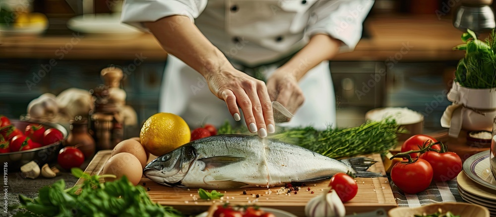 Fototapete Female chef cooking a raw Dorado fish with ingredients in a kitchen setting with an empty space for a potentially embellished image. with copy space image. Place for adding text or design