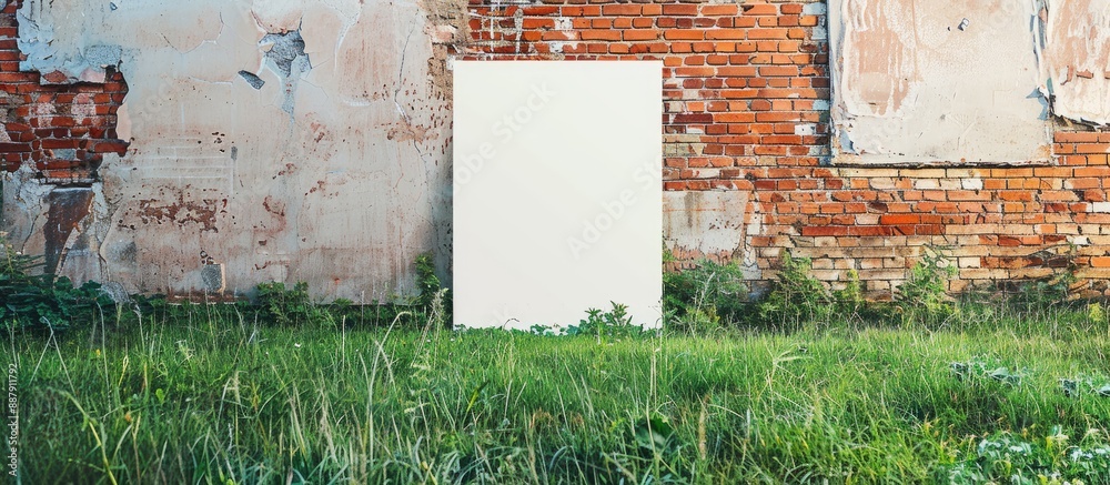 Poster empty white poster displayed on a vibrant green lawn against a backdrop of a brick wall with ample c