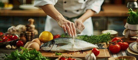 Female chef cooking a raw Dorado fish with ingredients in a kitchen setting with an empty space for a potentially embellished image. with copy space image. Place for adding text or design