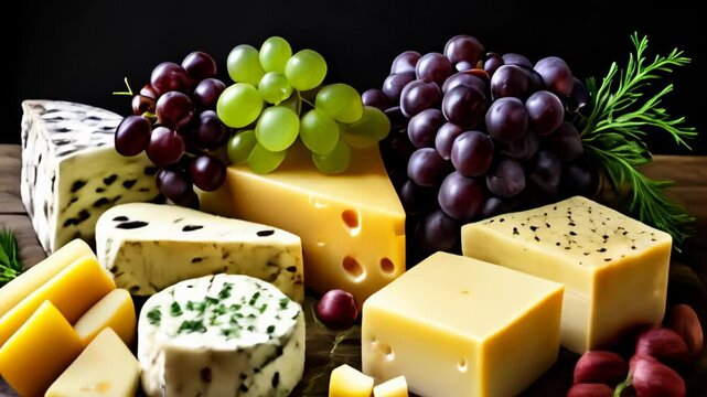  Delicious assortment of cheeses and grapes on a rustic table