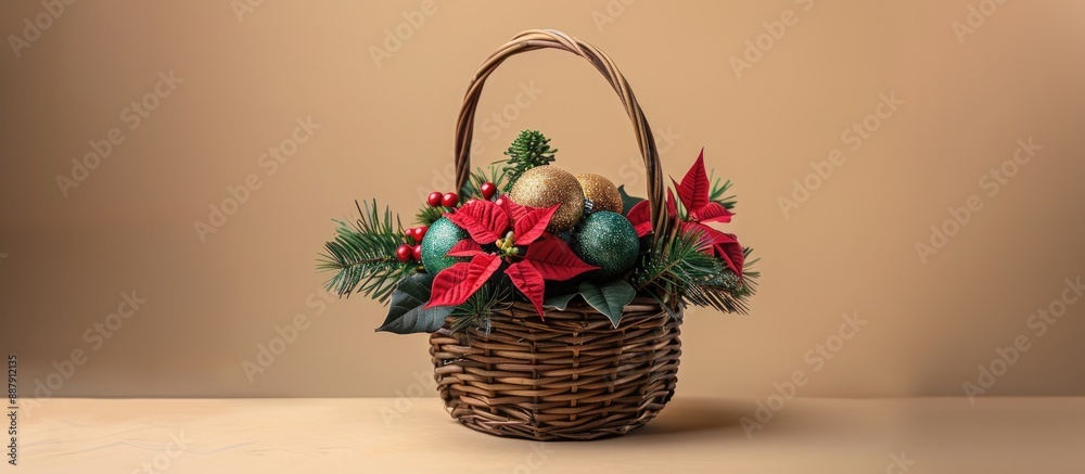 Poster Holiday themed mock up with a basket filled with toy balls a sprig of fir poinsettia and berries creating a festive decoration all set against a copy space image for text in a template for seasons gr