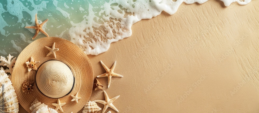 Poster aerial shot of a sandy beach showcasing summer items with ample space for text or images ideal for p