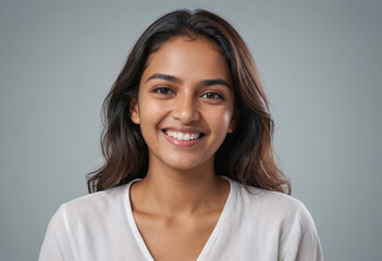 Obraz premium Portrait view of a regular happy smiling Mauritius woman, ultra realistic, candid, social media, avatar image, plain solid background