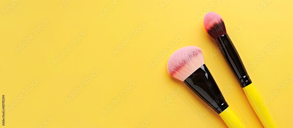 Poster Makeup essentials like a facial highlighter and bright brush displayed atop a yellow backdrop in a flat lay composition with copy space image