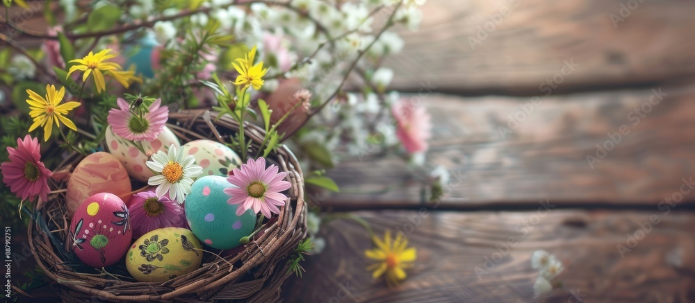 Fototapete Spring flowers in a wooden background basket with Easter eggs conveying a festive and colorful theme with copy space image to include your own text or design