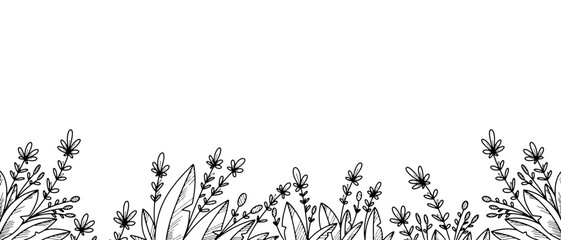 Illustration trendy wildflowers and minimalist flowers for wall decoration or wedding. Hand drawn line herb, elegant leaves for invitation save the date card. Botanical illustration 