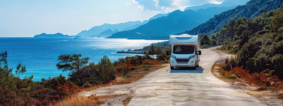 Un camping-car roulant sur une petite route surplombant la mer, vue magnifique et ciel bleu.