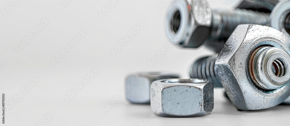 Poster close up image of nuts and bolts on a white background with copy space image