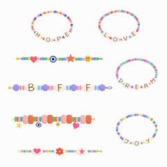 Set of kids bracelet jewelry. Plastic beads, children's handmade accessory. Words love, dream, joy, hope. Friendship bracelet, BFF, charm. Vector isolated on white background.	
