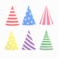 Cute party cone hats set. Birthday, event, celebration. Vector isolated on white background.
