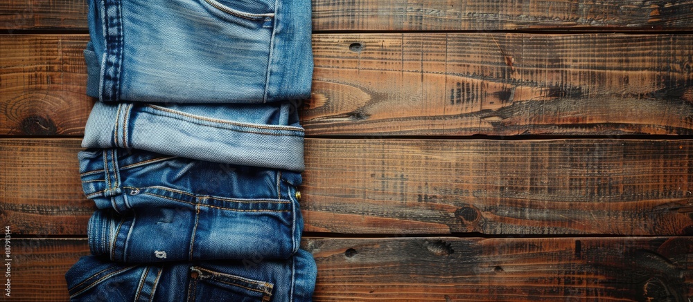 Poster Utilize a wooden texture background paired with denim jeans for adding your text or products in the copy space image