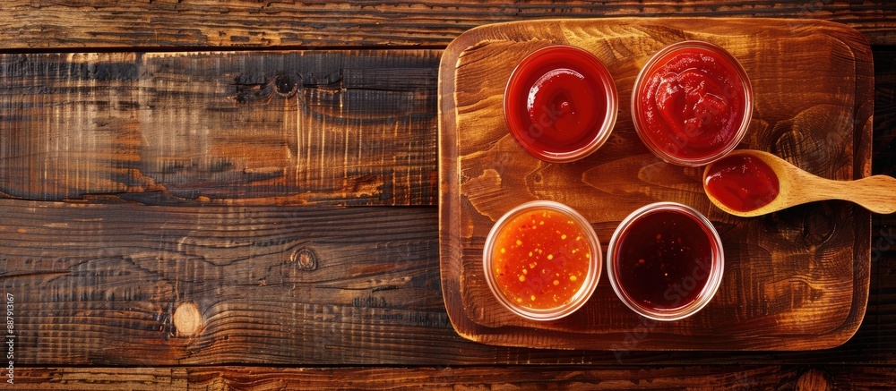 Poster a top down view shows three types of red tomato sauces classic ketchup barbecue and sweet sour chine