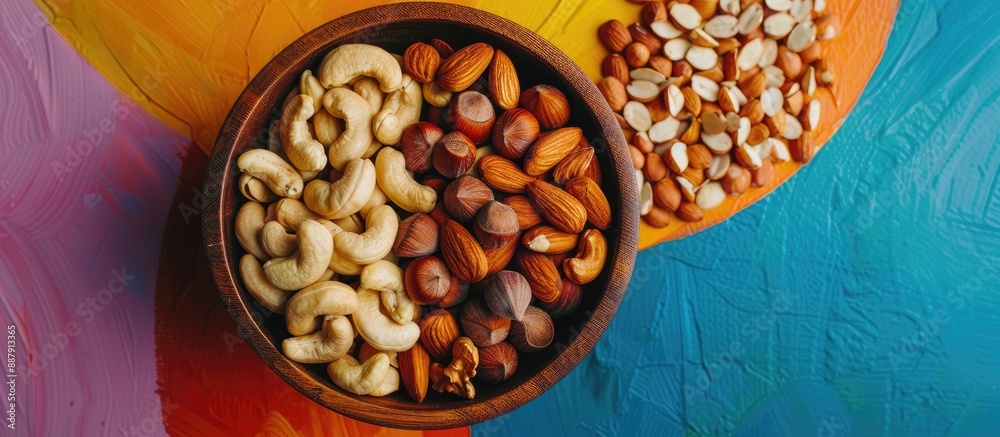 Poster an array of nuts displayed in a wooden bowl on a colorful table featuring cashews hazelnuts walnuts 