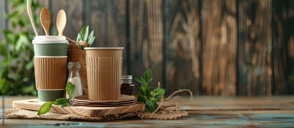Poster Biodegradable and eco friendly disposable tableware utilized in various settings like fast food restaurants takeaways and picnics featuring a recycling concept Close up view with copy space image