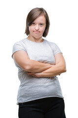 Fototapeta premium Young adult woman with down syndrome over isolated background happy face smiling with crossed arms looking at the camera. Positive person.