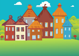 Cartoon houses in the city. Vector illustration in flat style.